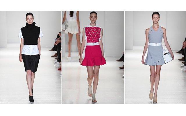 Платья-микс и квадратные жилеты Victoria Beckham, весна 2014