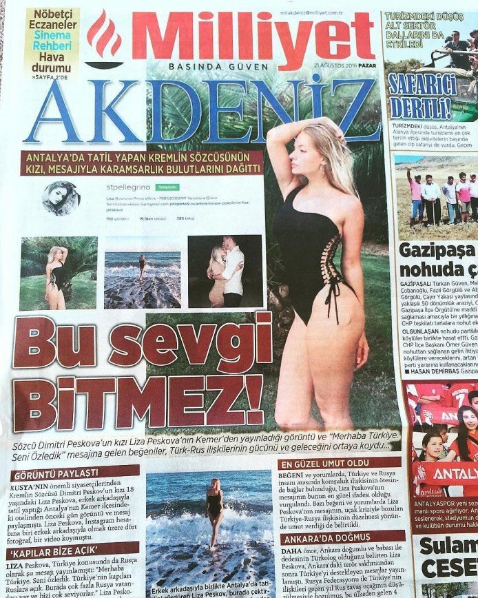 Дочь Пескова украсила передовицы турецких газет