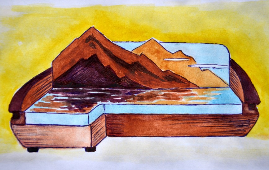 Диван с подушками с виде гор и зеркальным отражением в воде.  udaada