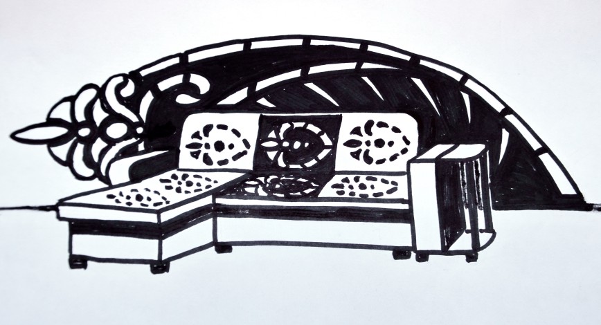 Диван с рисунком на подушках - с одной стороны на чёрном фоне , с другой стороны на белом фоне , переворачивая подушки можно изменять цвет дивана , то он будет чёрным с рисунком то белым , или комбинированным (как на моём рисунке). Ещё предлагаю для выразительности повторить рисунок и на стене (крупно) ЛюДа