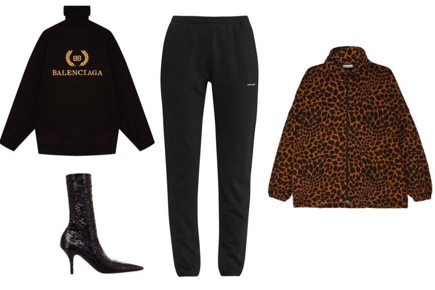 Balenciaga: черный свитер с логотипом, сапоги с пайетками, черные брюки из хлопкового трикотажа, куртка с леопардовым принтом