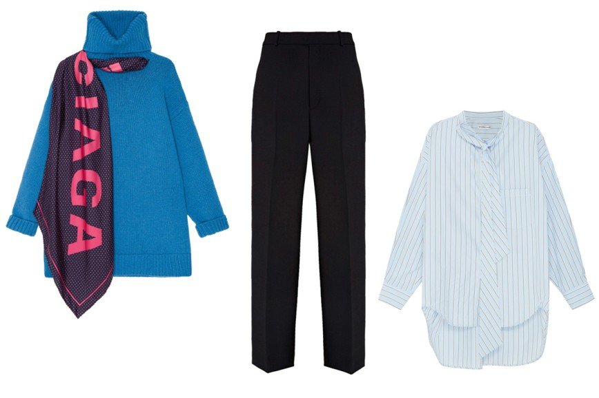 Balenciaga: голубой свитер из шерсти, шерстяные брюки, голубая блуза в полоску