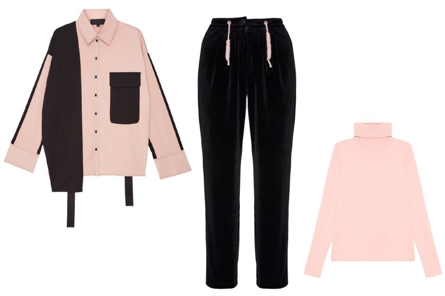 Yuzhe Studios: комбинированная хлопковая рубашка Budapest, черные бархатные брюки Budapest, розовая водолазка Budapest